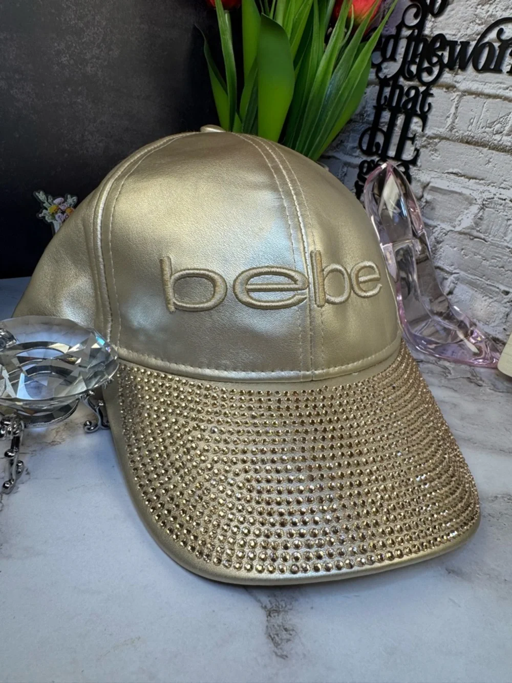 bebe Metallic Gold Crystal-Embellished Baseball Cap - Picture 1 of 8